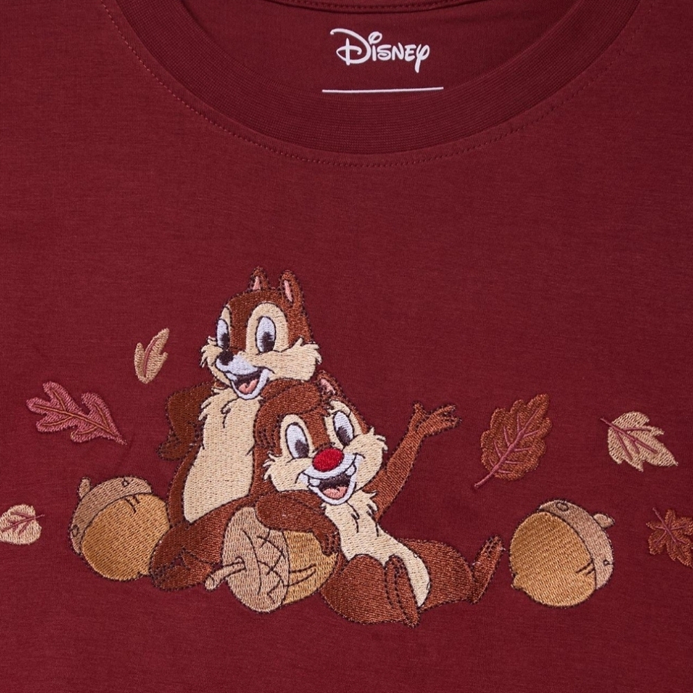 NWT Boxlunch Disney Women's Maroon T-Shirt Chip and Dale Embroider